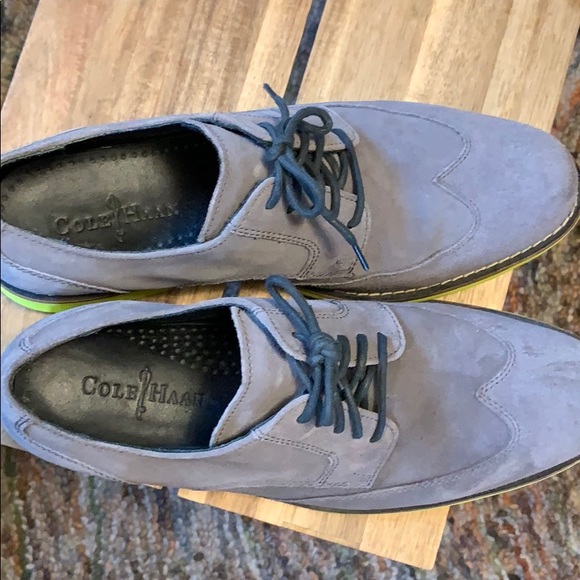Cole Haan grey suede shoes w/ bright yellow soles - Picture 6 of 8